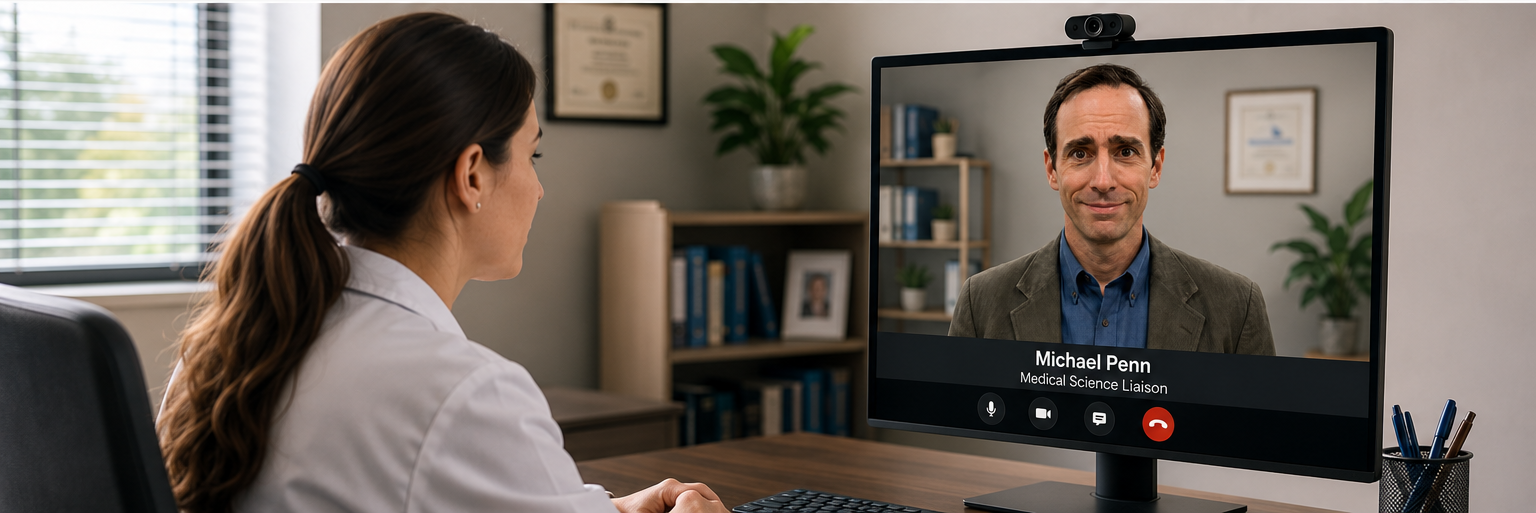 A physician in a face-to-face video conversation with Michael Penn, the AI Medical Science Liaison persona.