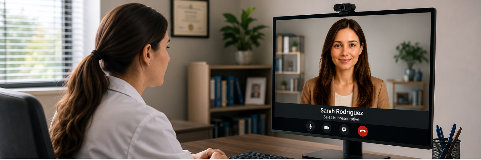 A physician in a face-to-face video conversation with Sarah Rodriguez, the AI Sales Representative persona.